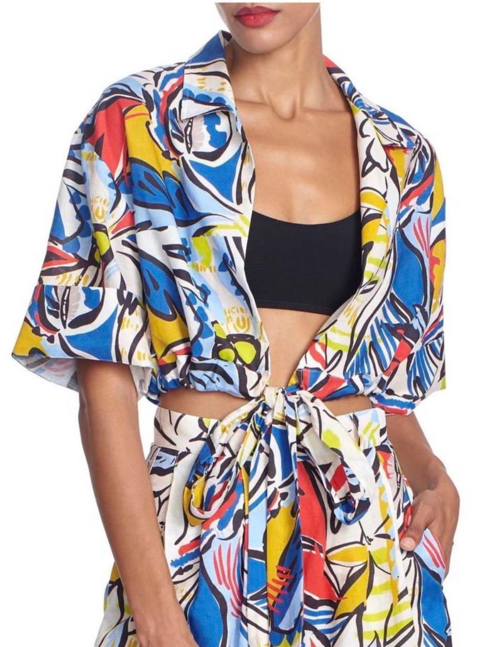 Corey Lynn Carter Rhode Top in Multi Print Linen Blend Crop Tie Front One Size